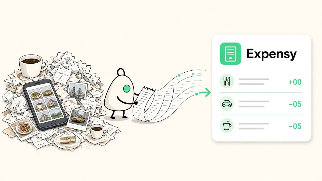 An agent sorting a chaotic pile of receipts and sending them to Expensy